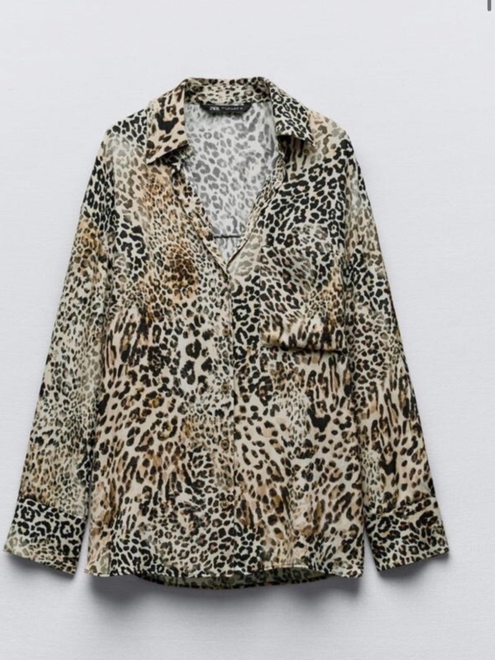 Zara Leopard Print Button-Up Blouse in Beige and Black